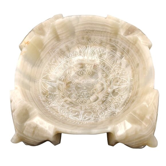 Vintage Onyx Aztec Calendar Carved Ashtray Marble Mexico Mid Century Decor Heavy - Picture 2 of 13